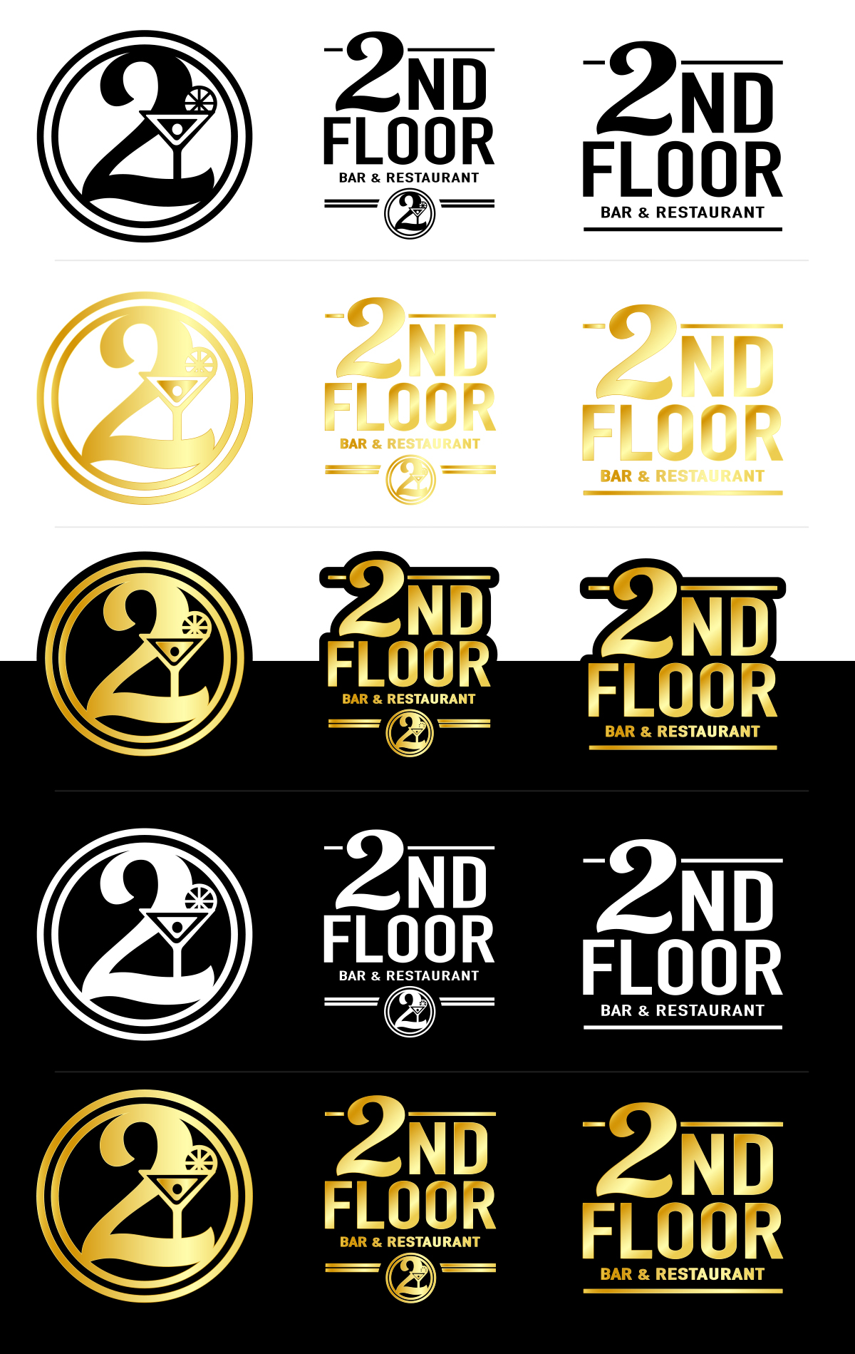 2nd Floor broader identity variation grid with icon and lockup options in black, gold, and white across light and dark backgrounds