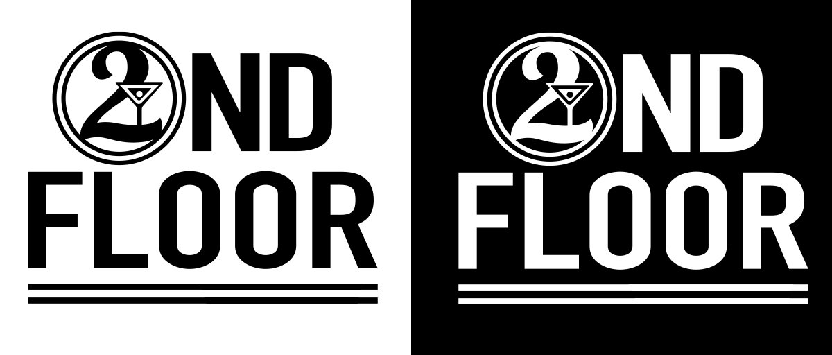 2nd Floor black and white identity treatment shown in positive and reversed versions