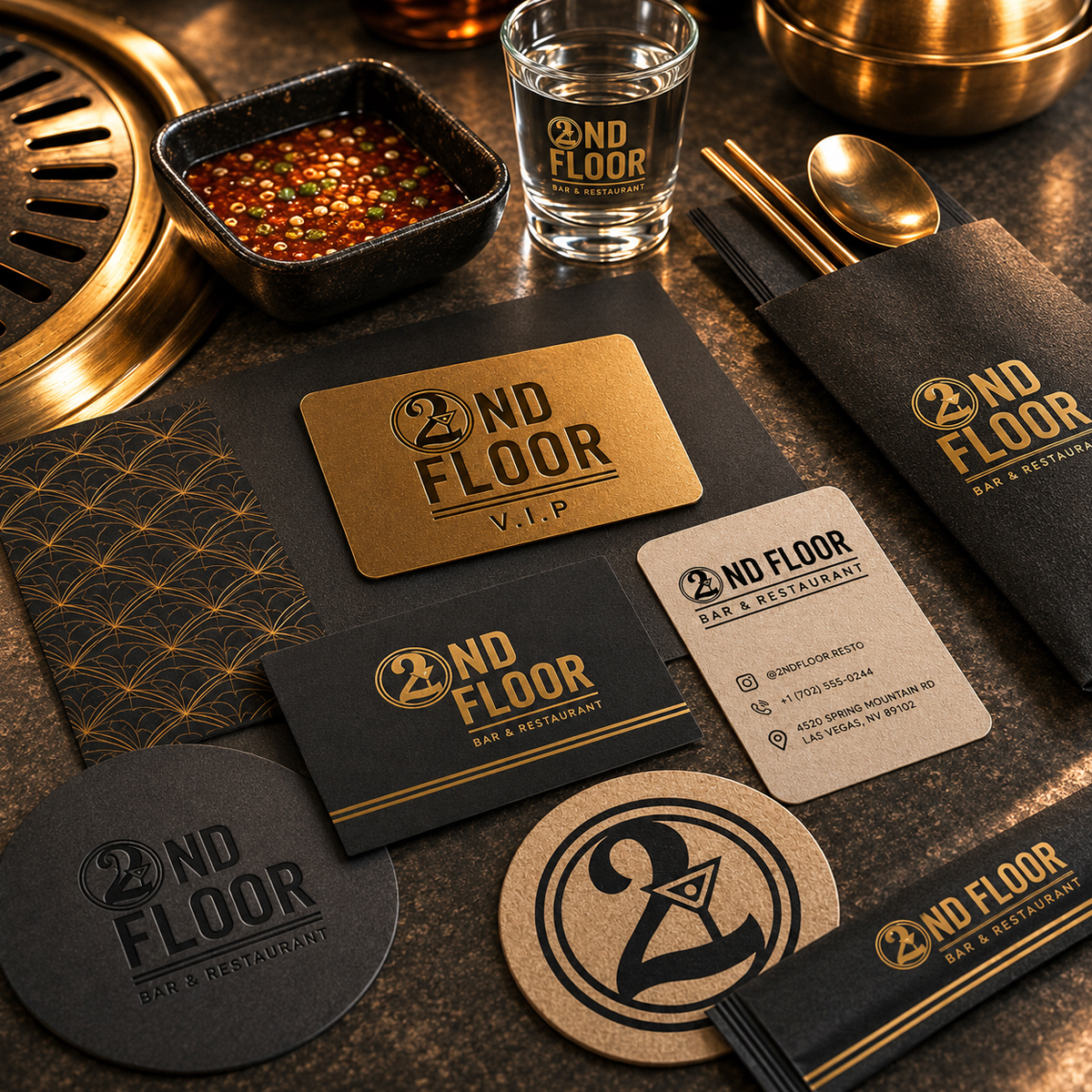 The 2nd Floor identity presented across premium black and gold bar and restaurant collateral including a VIP card, business card, coasters, napkin sleeve, and glassware