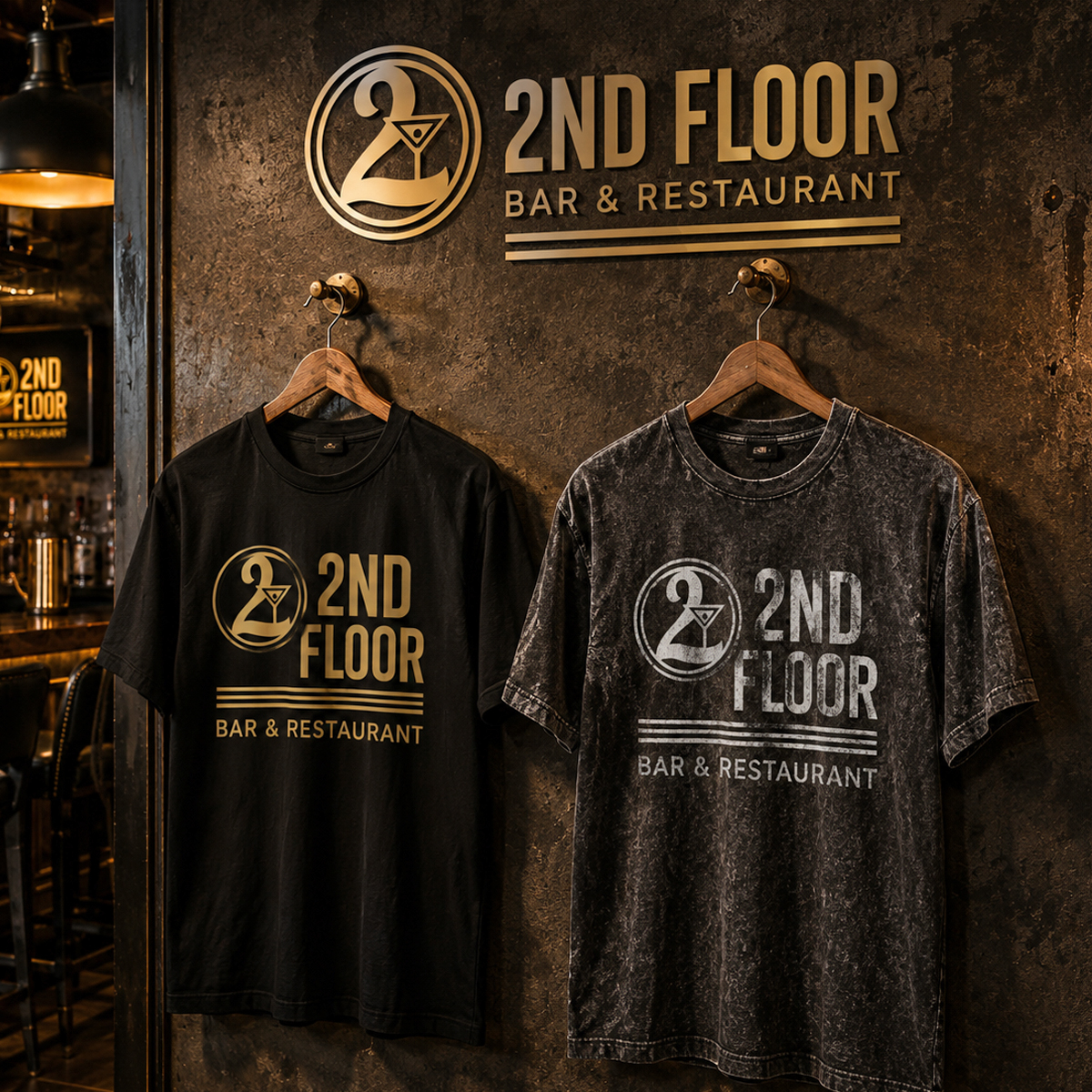 The 2nd Floor identity presentation shown on clean black and distressed gray apparel with logo signage in the background