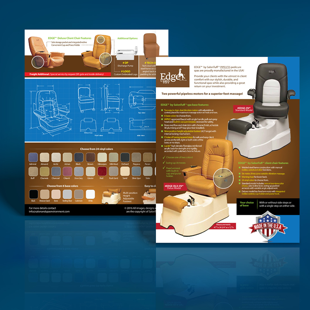 A minimalist spa flyer for Edge Spa, featuring serene imagery and modern layout with the Edge Spa logo and a clean contact section.