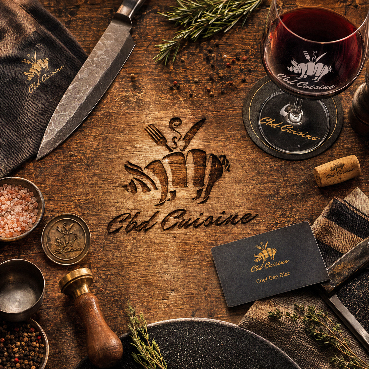 CBD Cuisine identity presented across a wood-burned tabletop scene, an etched wine glass, a branded coaster, a stamped cork, a wax seal token, and a Chef Ben Diaz business card