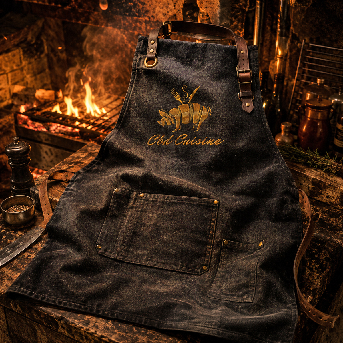 Waxed canvas kitchen apron mockup with the embroidered gold CBD Cuisine mark, staged near an open grill