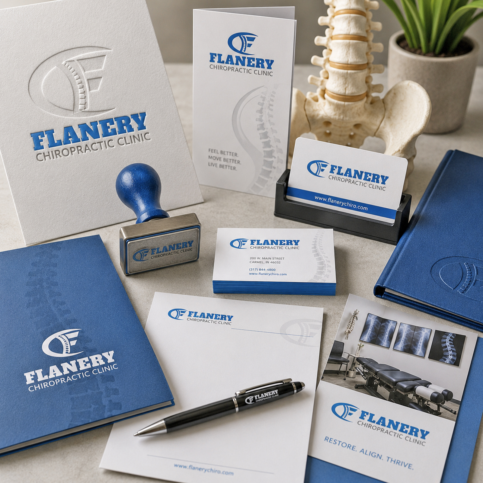 Flanery Chiropractic Clinic identity shown across branded stationery and business materials