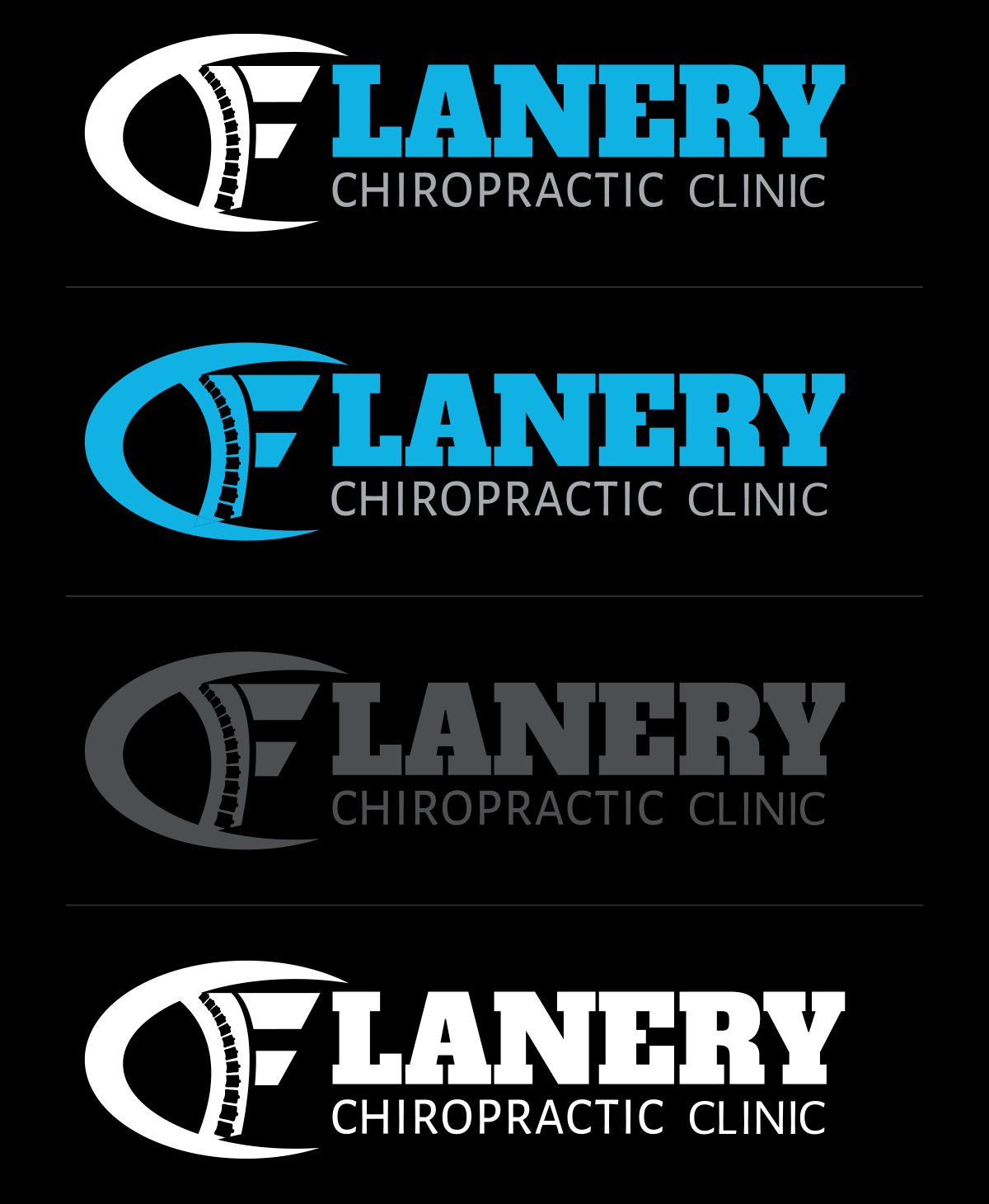 Flanery Chiropractic Clinic logo colorway variations shown together on a dark background