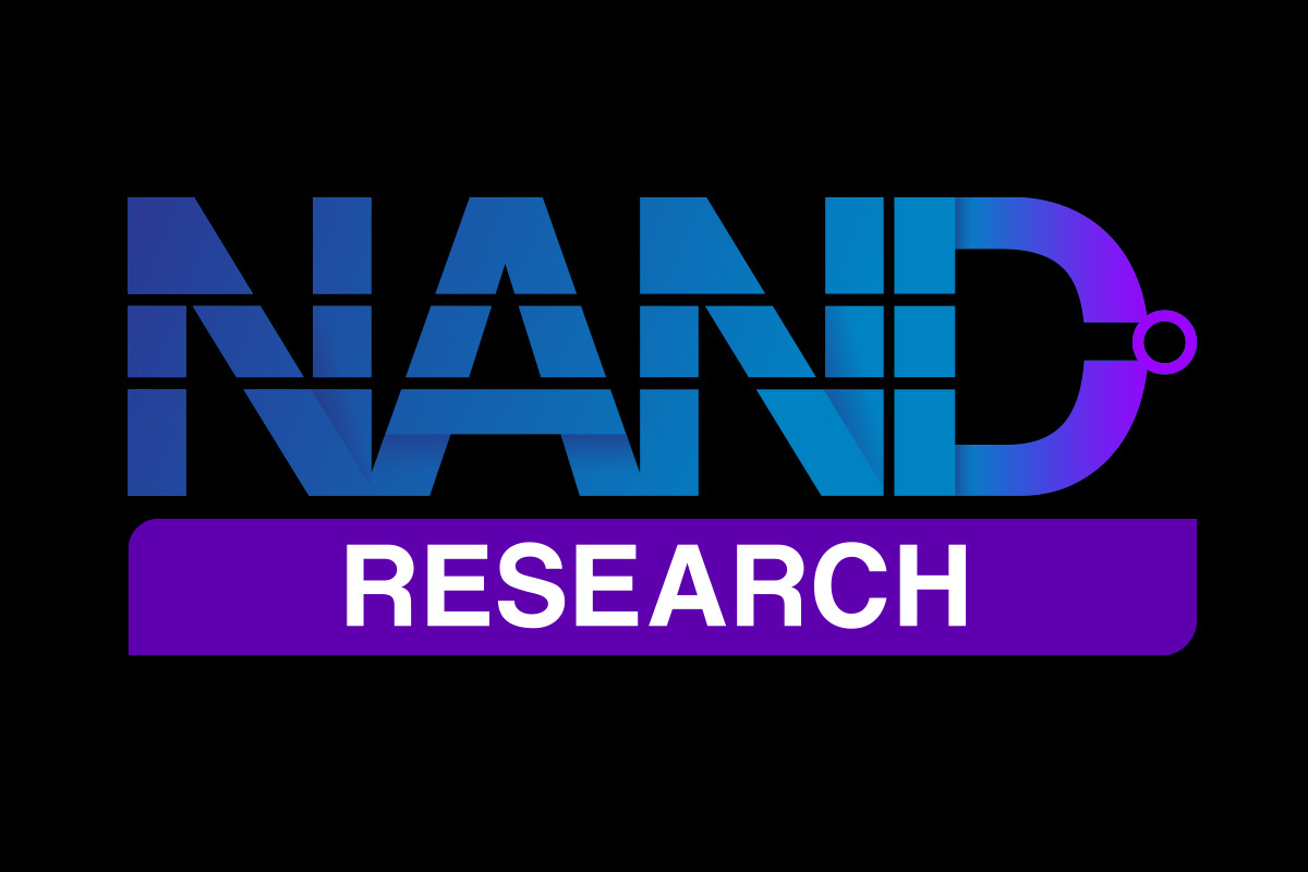 NAND Research full-color wordmark showing the NAND-gate-inspired D-shaped form and circular output node integrated into the logo system
