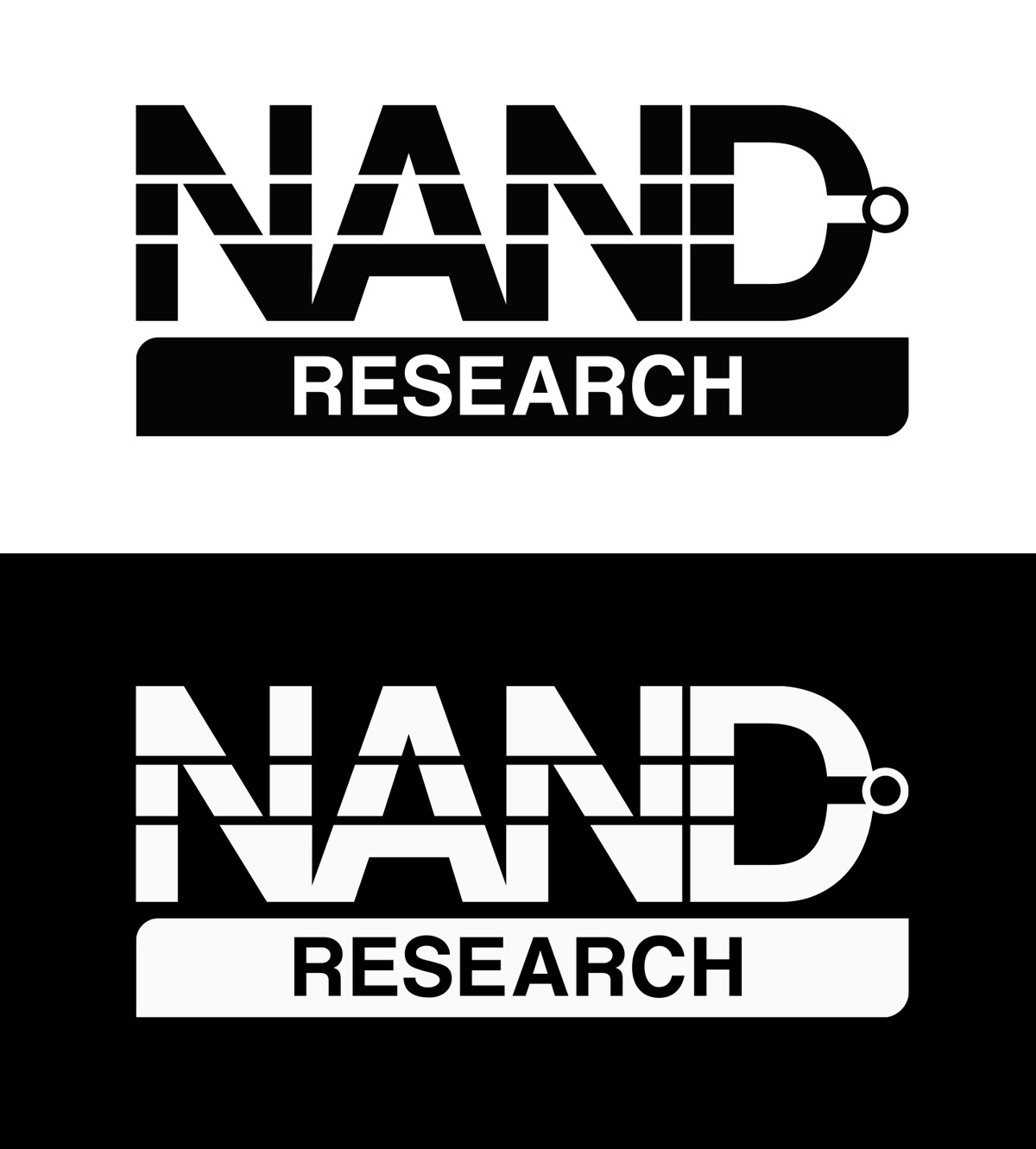 NAND Research identity comparison showing the full wordmark, RESEARCH lockup, and NAND-gate-inspired icon across light and dark applications