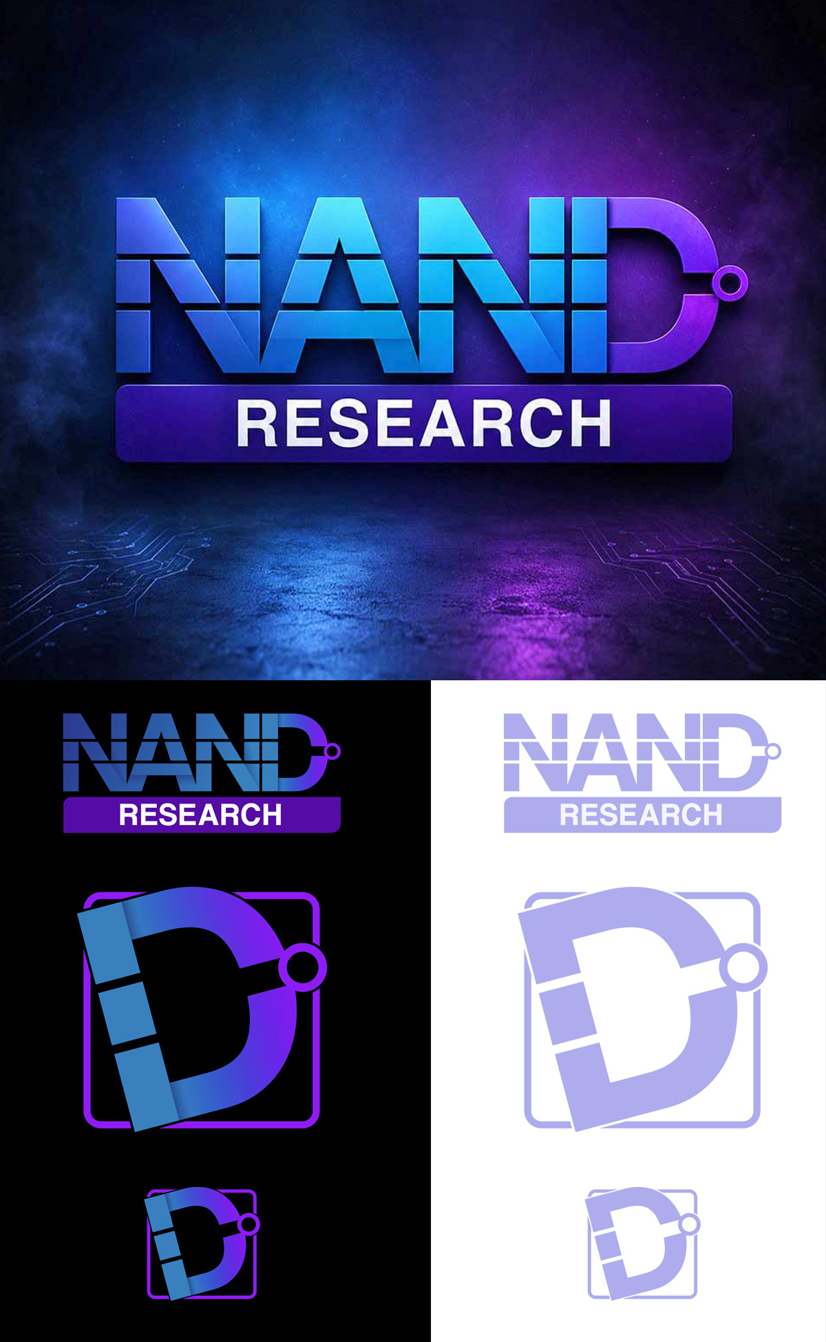 NAND Research alternate icon exploration showing simplified NAND-gate-inspired symbol studies across color and monochrome versions