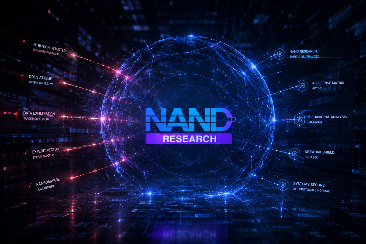 NAND Research cyber-defense concept showing the NAND-gate-inspired identity centered within a protective digital force field