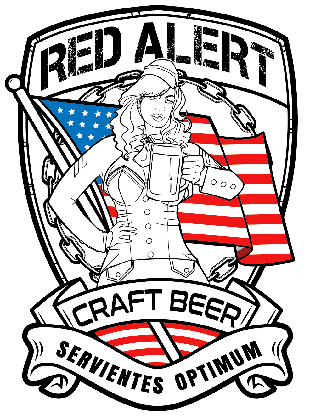 Intermediate color development stage showing the flag in color while the figure and badge remain in line art