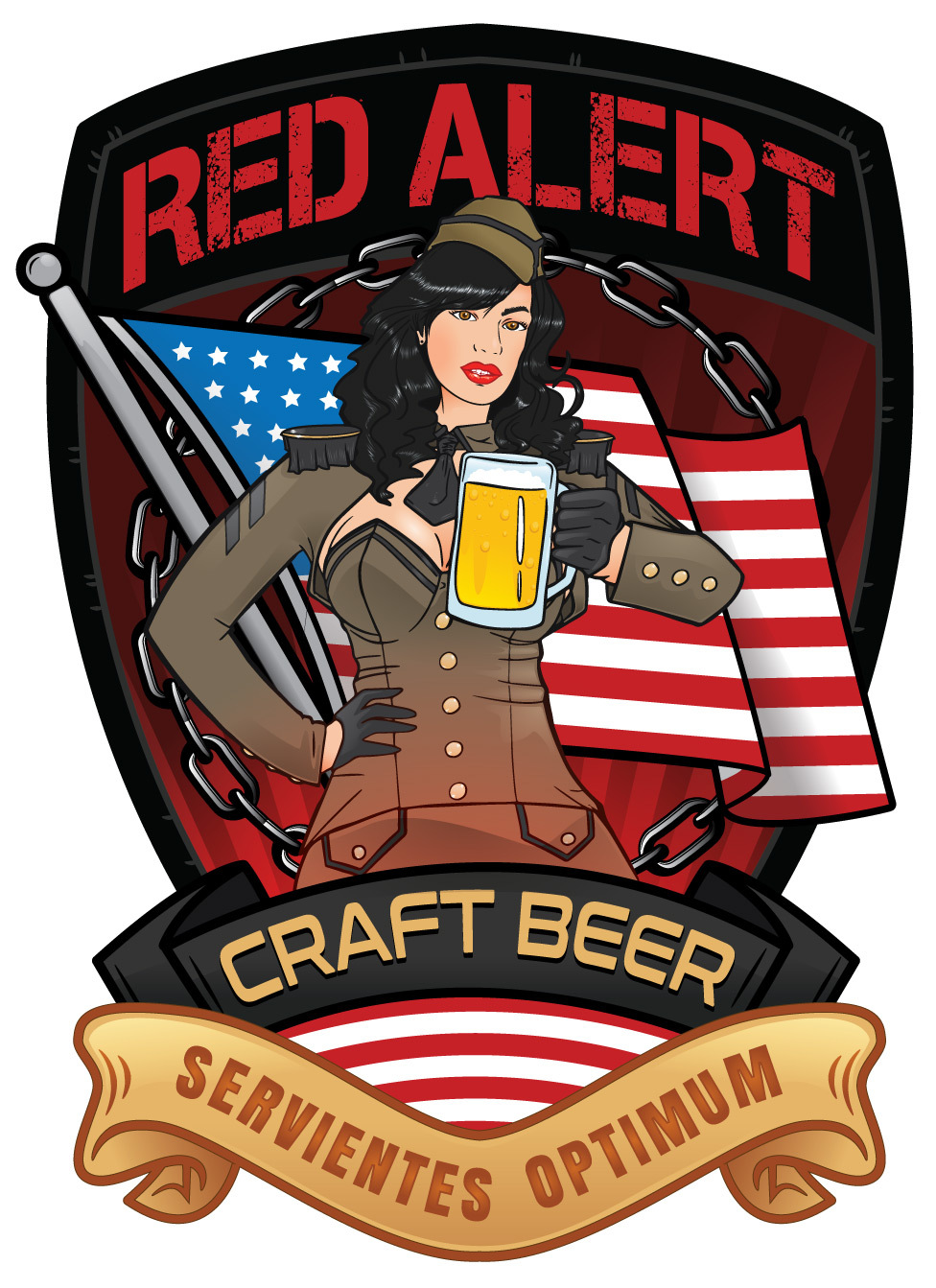Red Alert final full color illustrated badge with pin-up figure, flag, chain, and ribbon elements