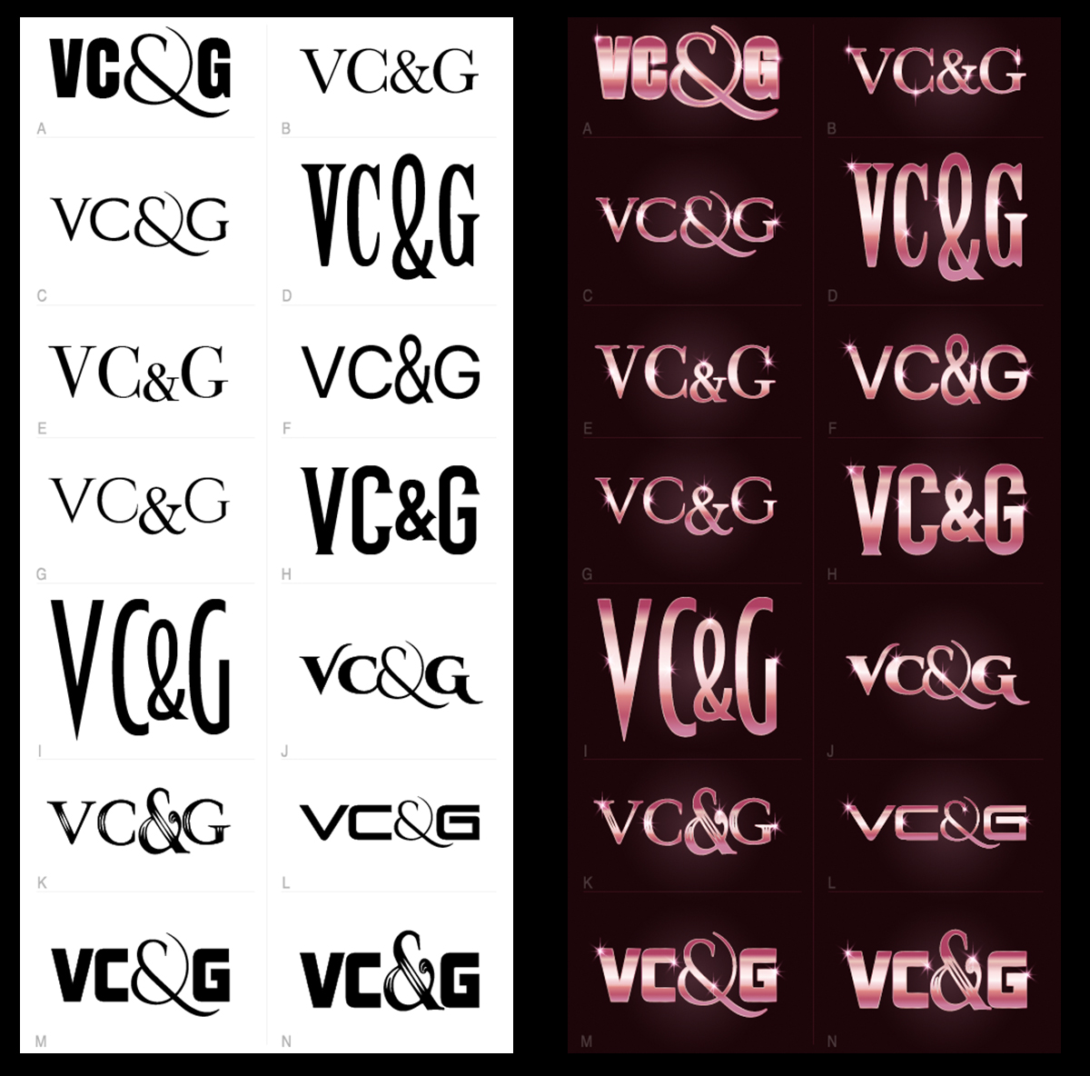 VC&G concept exploration grid showing black and white and rose gold wordmark directions