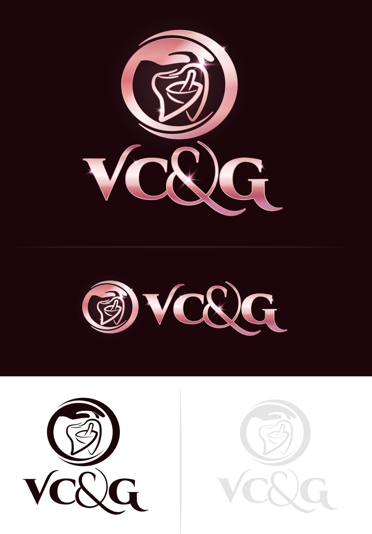 VC&G logo system shown in stacked and horizontal layouts on dark, light, and gray backgrounds